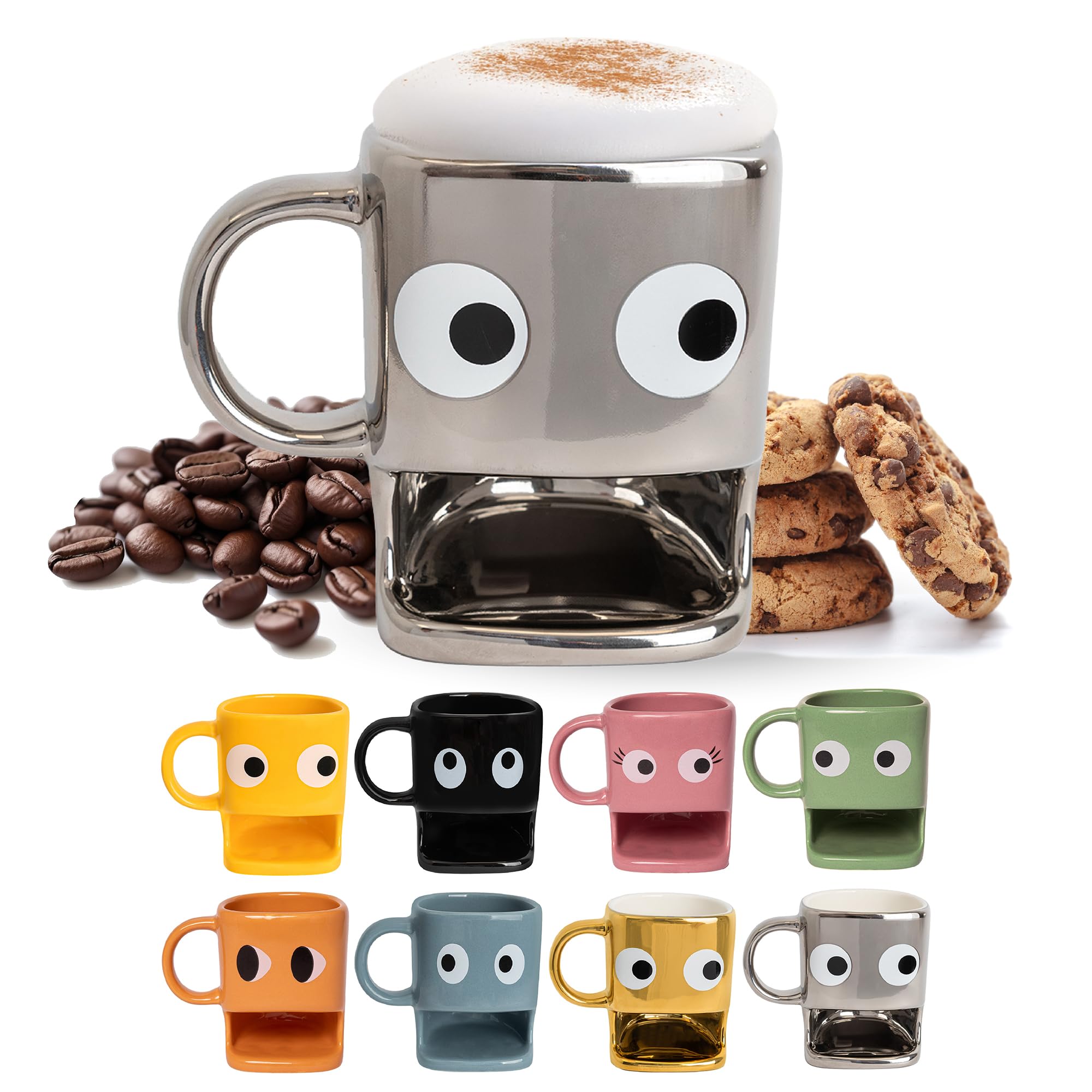 Fisura - Original Coffee Mugs with Biscuit Compartment, Silver Ceramic Tea Mug with Stylish Design, Cappuccino Coffee Caps, Latte, hot Chocolate caps, Capacity 240ml