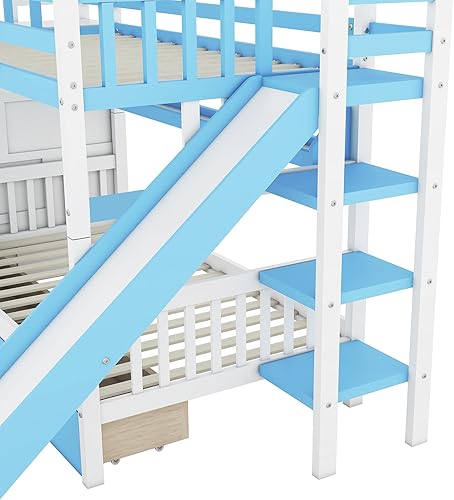 Miniatura 8 de SIYSNKSI Litera individual sobre individual con cama nido marco de litera de madera maciza con escaleras y escaleras y barandilla segura litera