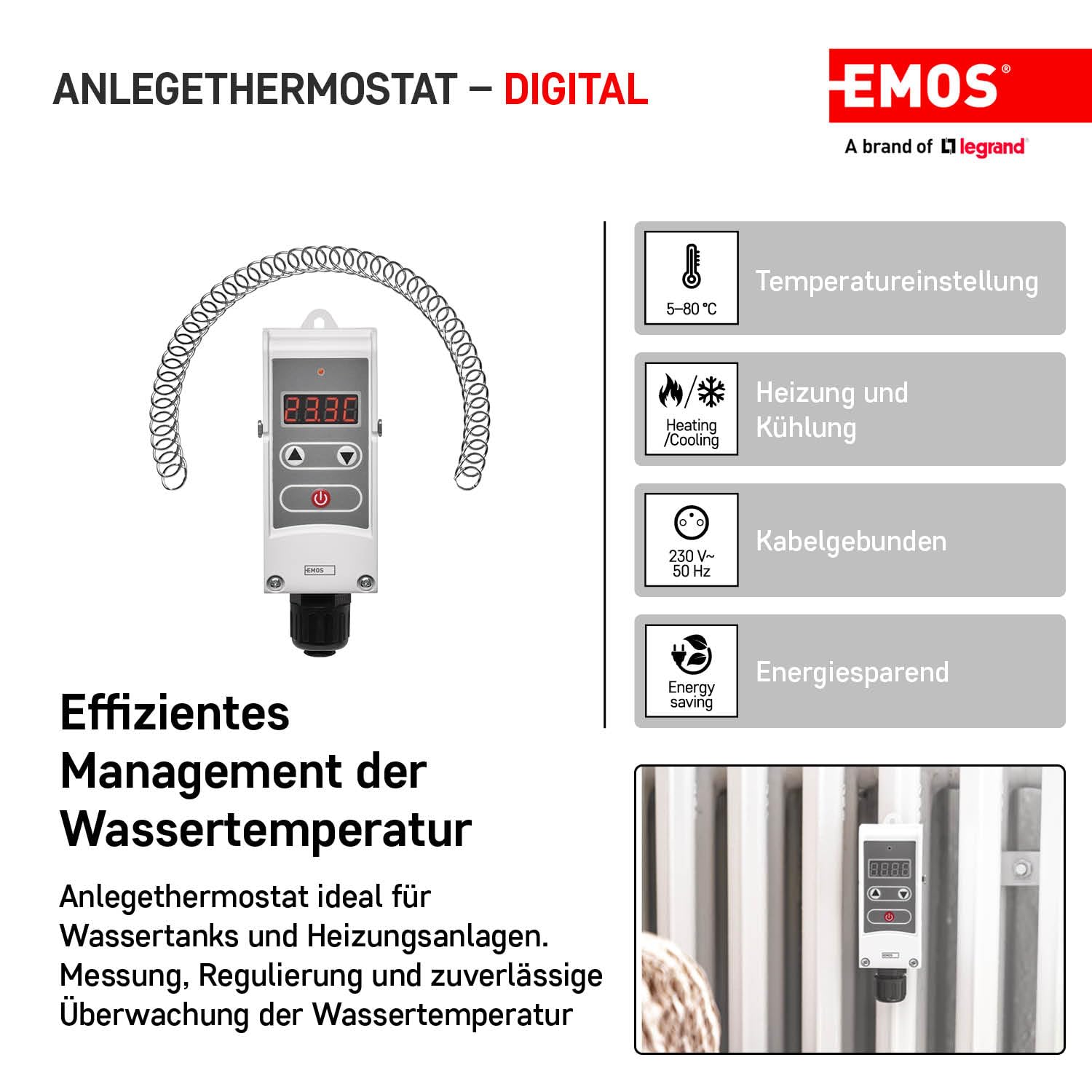 EMOS termostato Digital Manual, conmutación Ajustable, Resorte de Tornillo, 5–80 °C, calefacción/refrigeración, Montaje Superficie, Blanco