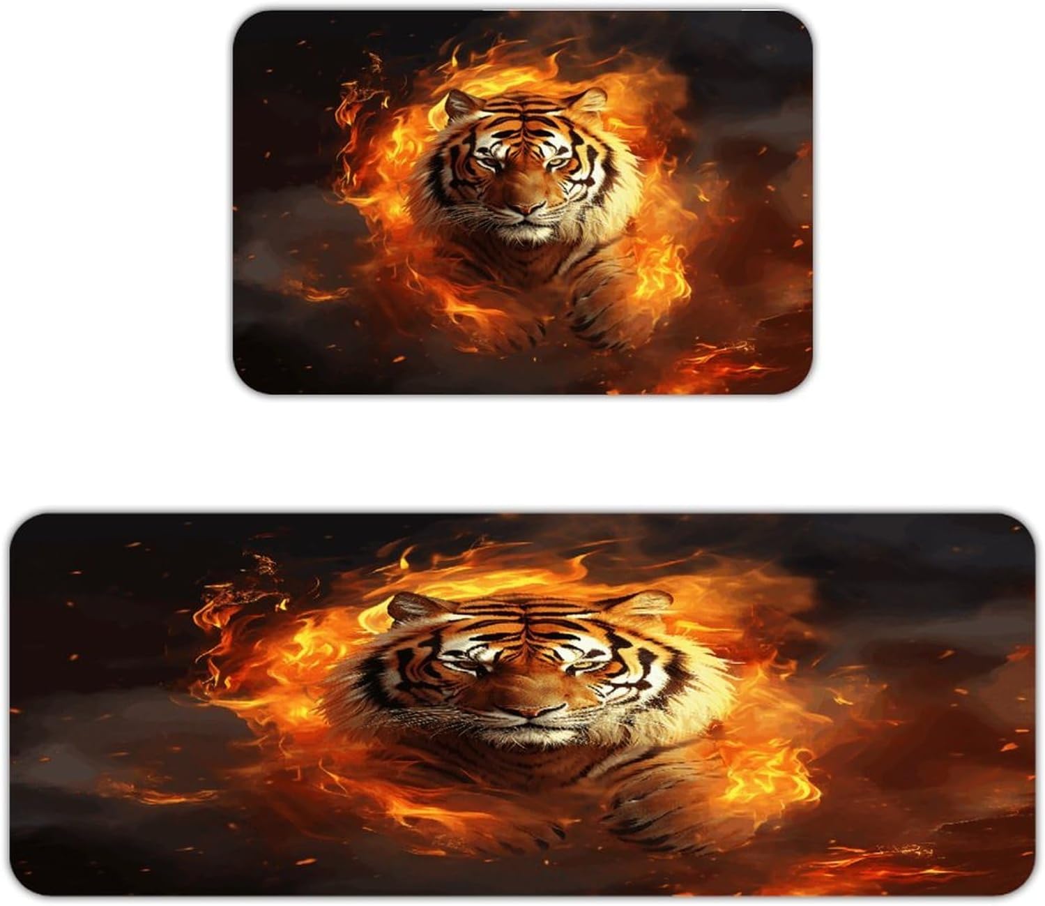 Cool Tiger in Flame Kitchen Mat Washable Non Slip Rugs Soft Kitchen Mats for Floor Set of 2 PCS Cushioned Absorbent Runner Standing Rugs for Home Sink Laundry Office