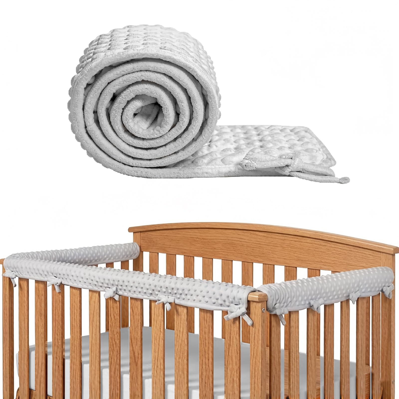 Funvalley Surperfect Crib Rail Cover for Teething, Soft Minky Dot Fabric, Grey, Wrap Around Padded Baby Cot Rail Guard