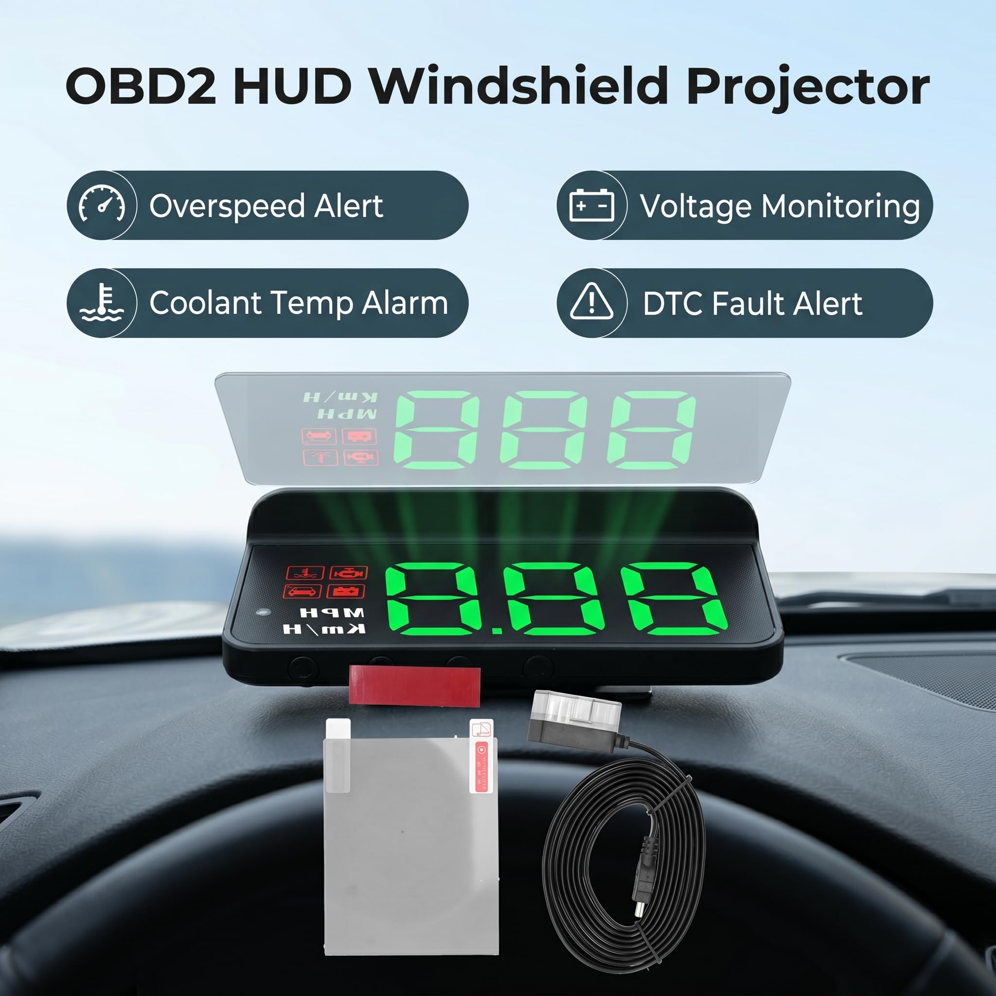 HUD Multifunzione per Auto Head Up Display Gauge, OBD2 Indicatore Parabrezza Allarme Fatica Strumento di Promemoria Guida