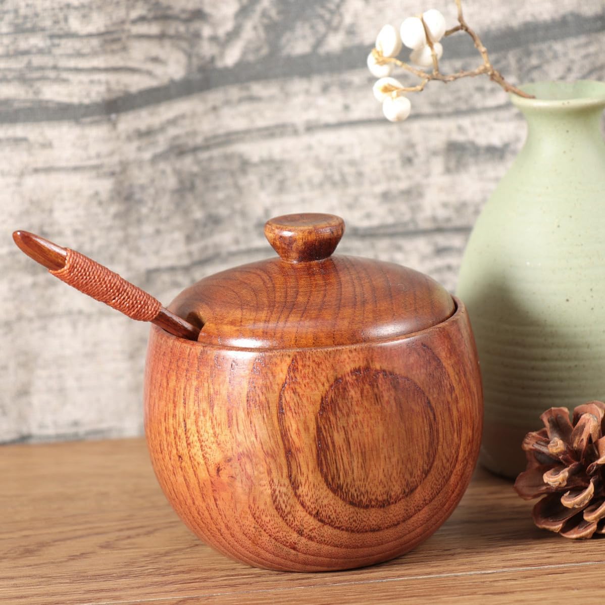Angoily 2pcs Wood Spice Jar Seasoning Pot for Kitchen Salt Storage