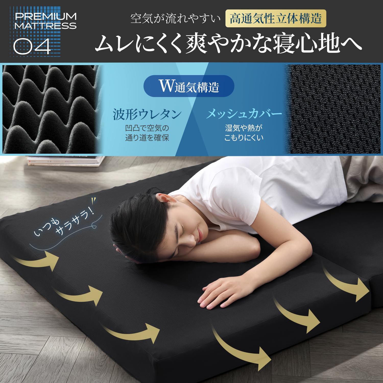 マットレス　折りたたみ　シングル　クモリ(Kumori) プレミアム三つ折り Amazon｜クモリ(Kumori) プレミアム三つ折りマットレス 【W通気でムレ
