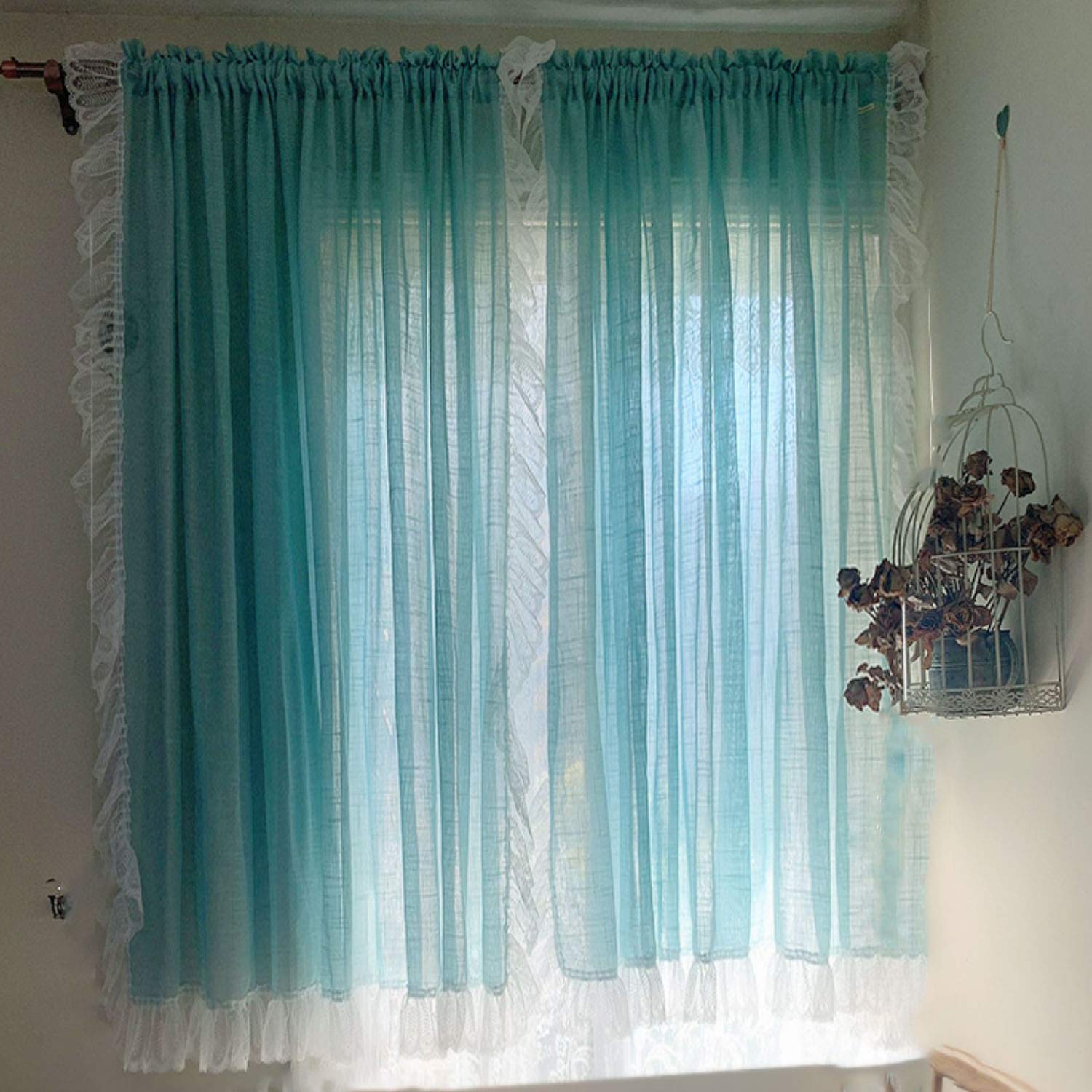 Rideaux courts bleus en voile transparent 150x150cm à passe-tringle pour fenêtre