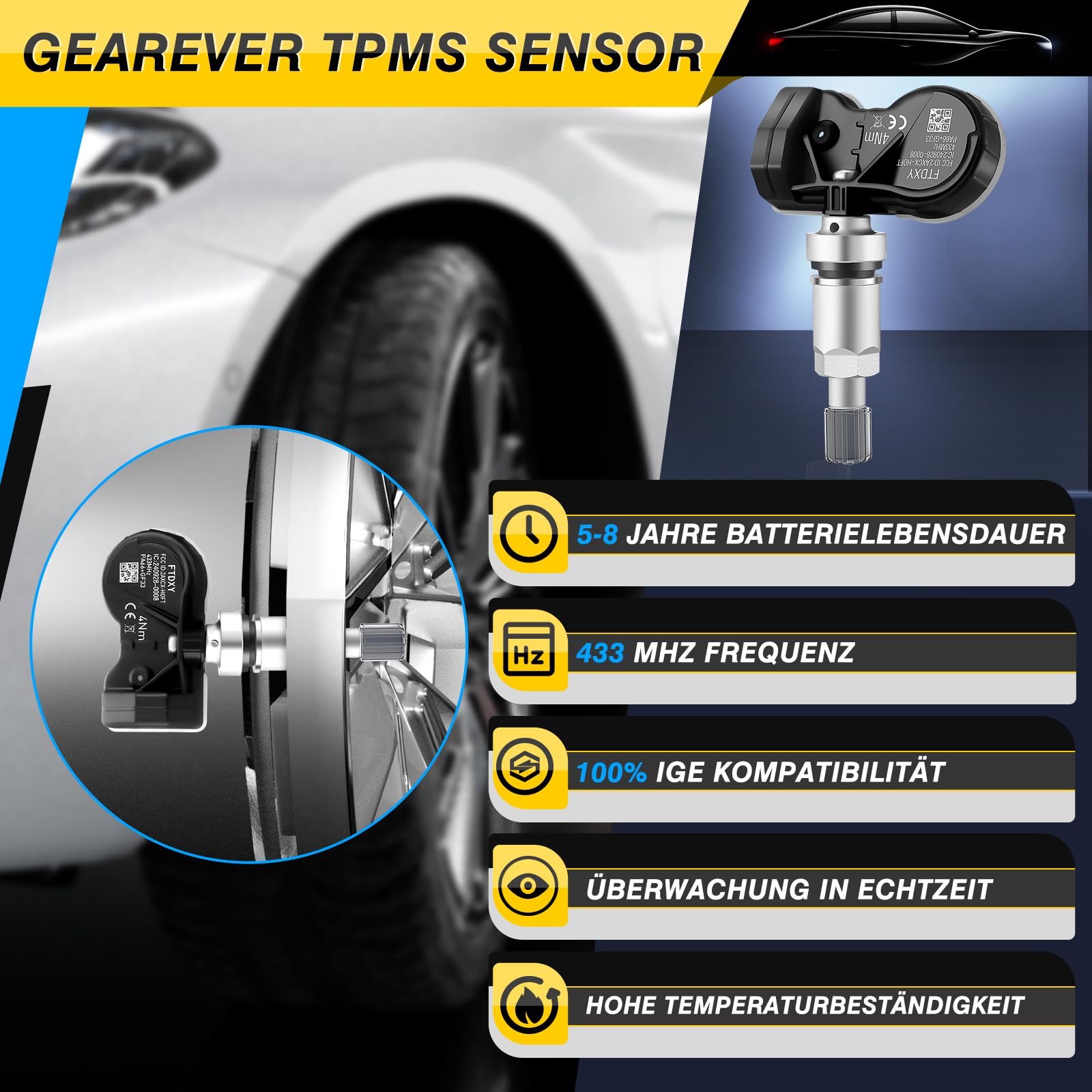 czujnik ciśnienia w oponach wieloprotokołowy TPMS Sensor RDKS Pasuje do Forda Focus F-150 Explorer Mustang Kuga dla prawie wszystkich modeli EV6T1A180DB EV6T1A180CB EV6T1A150CB, 4 sztuki