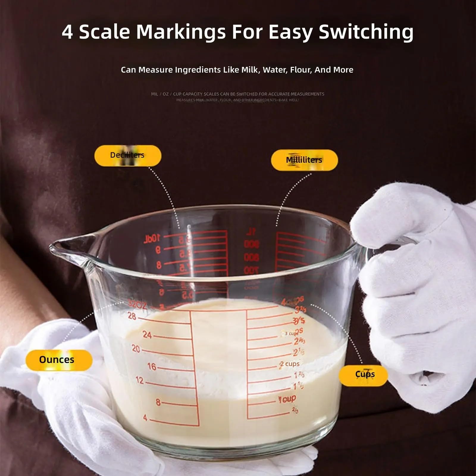 Transparentes Glas Messbecher Set mit klaren Markierungen Backen und zur Essenszubereitung Hitzebeständiges Kochgeschirr, Milch Messbecher