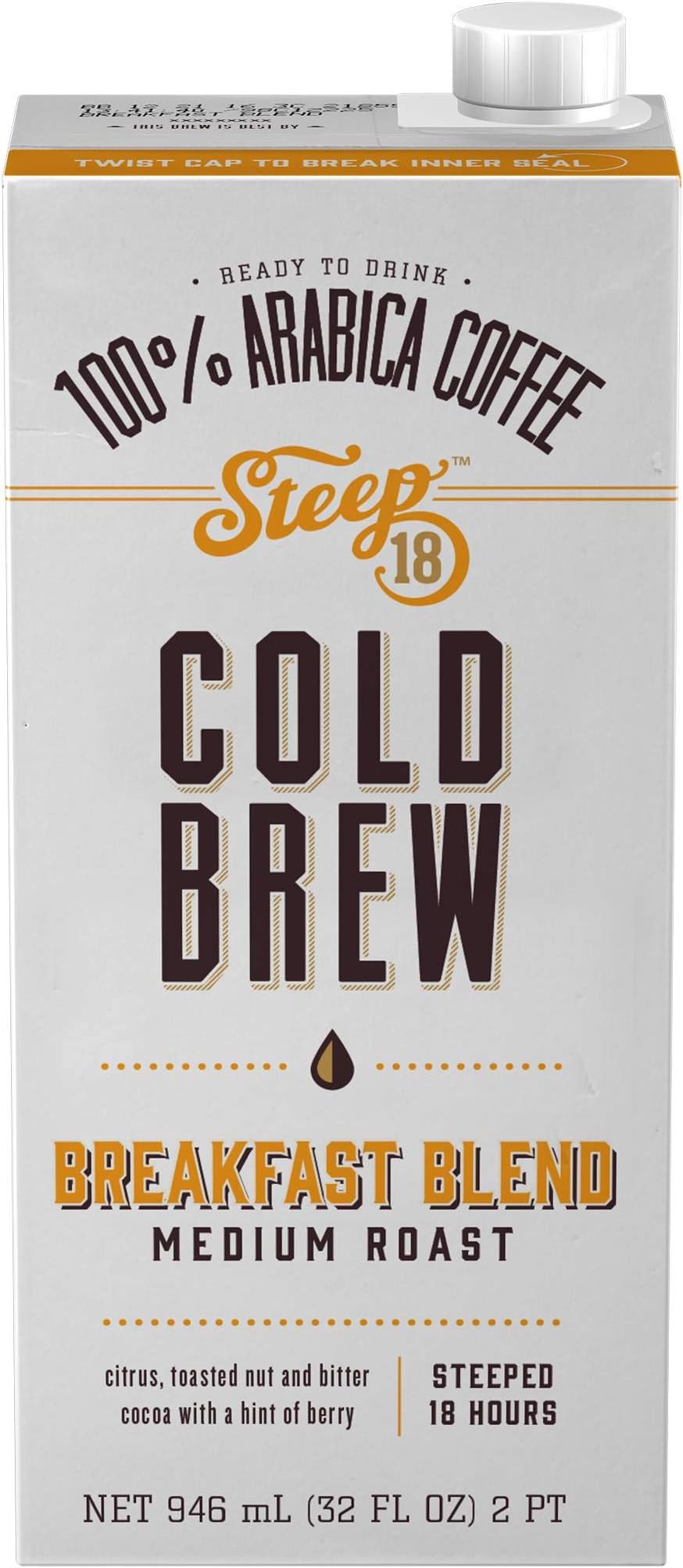 Steep 18 Organic Breakfast Blend Medium Roast Cold Brew Coffee, 32 Fluid Ounce - 6 per case.