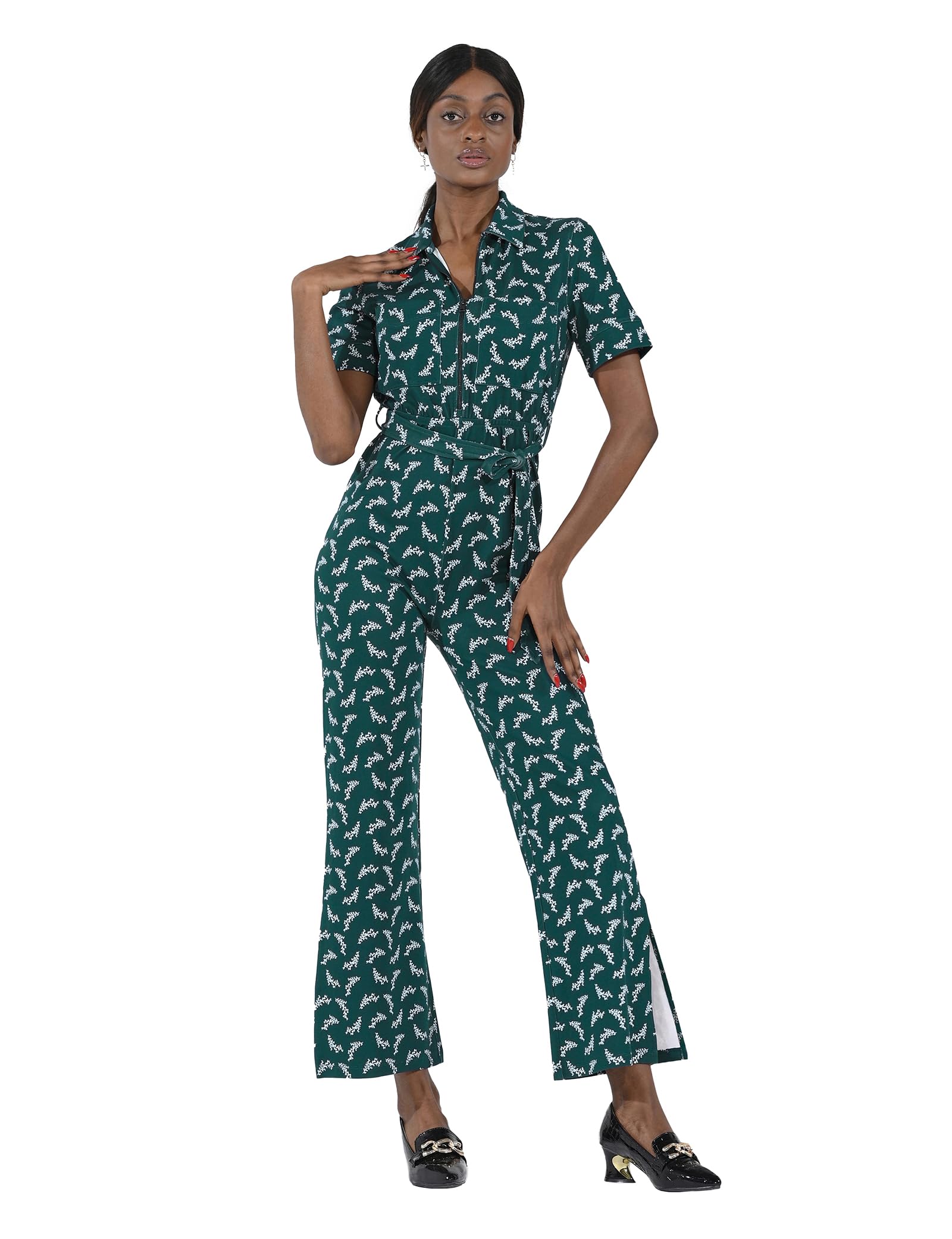 Enorsia Women's Green Zip Through Wide Leg Jumpsuit Collared Neck And Short Sleeves, The Versatile Jumpsuit With Real Comfort - 14