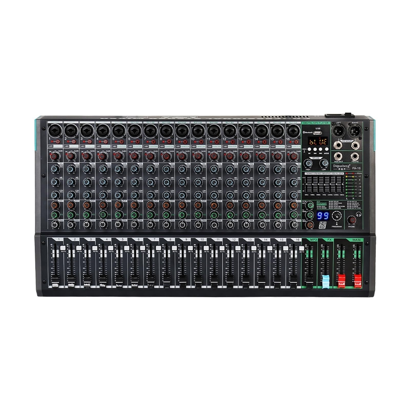 Mezclador de audio, Mezclador profesional for DJ, de mesa sonido, interfaz 16 canales, efecto reverberación digital 99