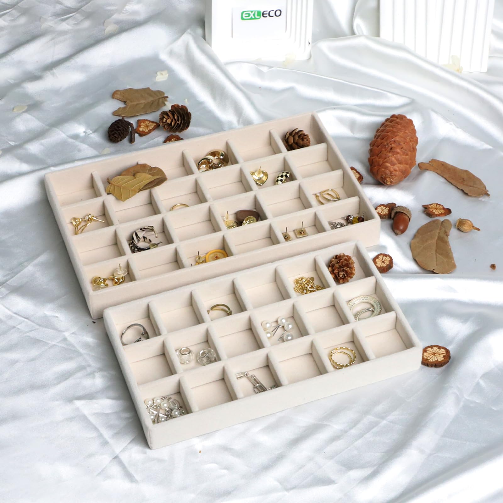 EXLECO 4 Grande Organizador Joyas Cajones, Organizador de Joyería de Terciopelo, Apilables Bandejas Joyería, Organizador Joyas Extraíbles Organizador para Pendientes Anillos Pulseras Collares Beige