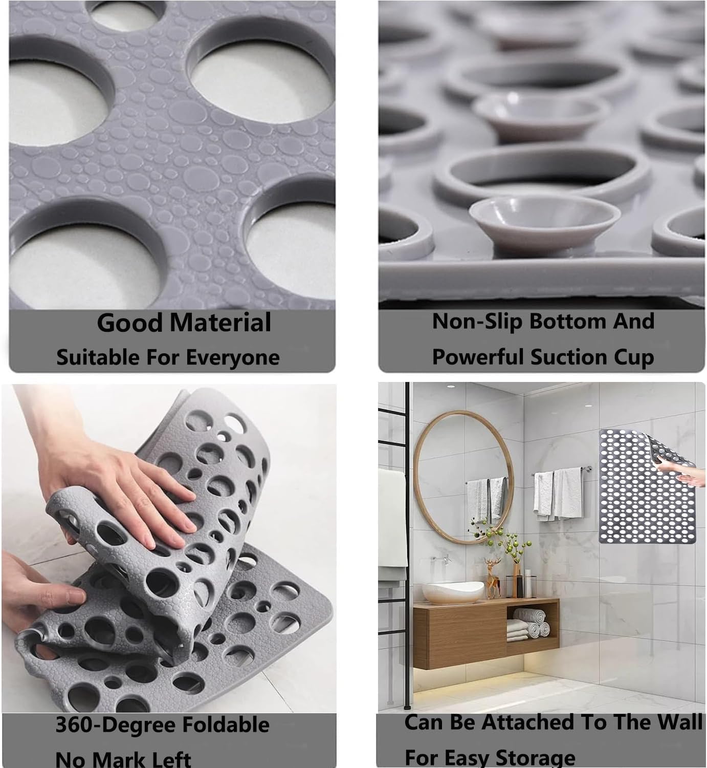 Casa and Beyond Shower Mat,Non Slip Bath Mat and Shower Mat with Suction Cups and Drain Holes,Bathroom Mat Easy to Clean Soft Machine Washable,Bathtub Mat Easy Dry&Cut (Gray,35" x 24"(Rectangular))