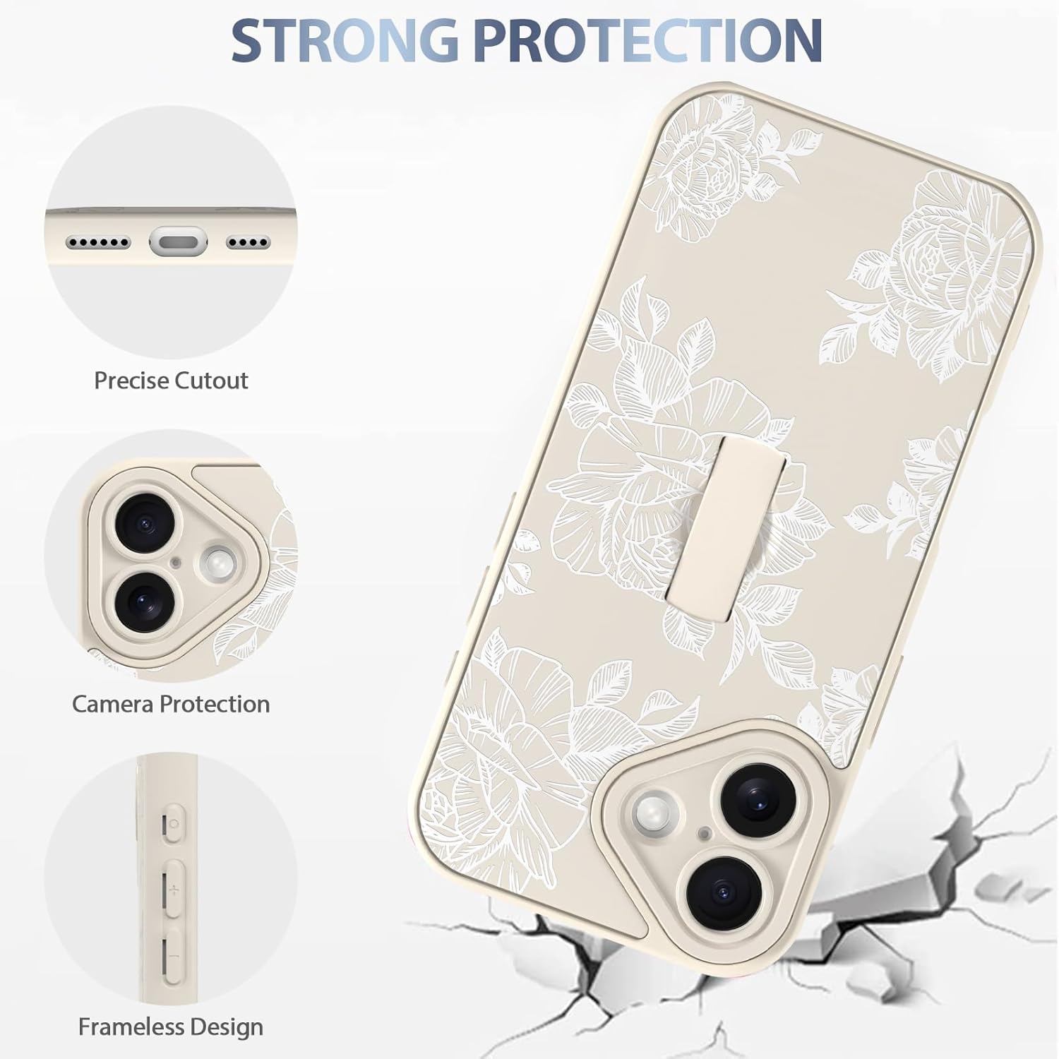 AIGOMARA Case Made for iPhone 17 with Finger Strap Stand White Flower Floral Pattern Design for Women Girls Soft TPU Bumper Hard PC Back Anti-Fall Shockproof Protective Slim Cover