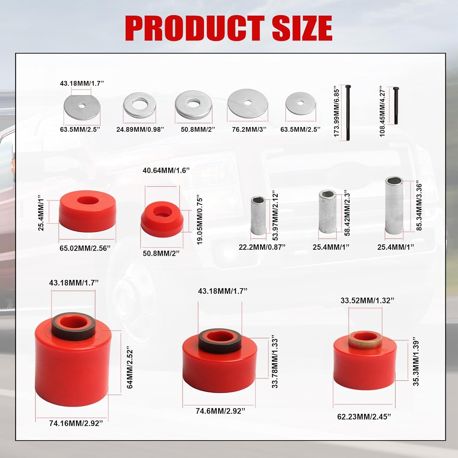 Polyurethane Body Mount Bushing Kit for 1980-1998 F-150/F-250/F-350 (2WD/4WD) - Includes Steel Sleeves & Hardware (Red) 4.4123R