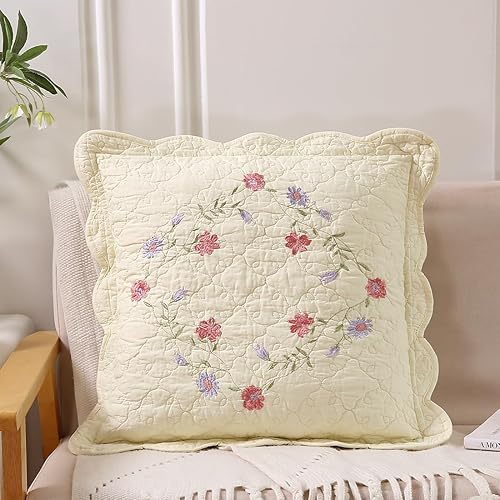 Miniatura 2 de vctops Juego de 2 fundas de cojín cuadradas decorativas de algodón con bordado y estampado floral festoneado suave para sofá, cama (flor E, 18 x 18