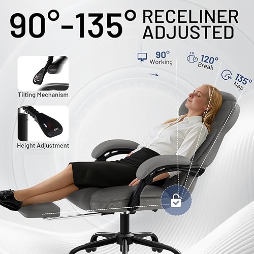 Miniatura 5 de Silla de oficina ergonómica con reposapiés, silla de escritorio ejecutiva de piel sintética, reposabrazos abatibles acolchados, soporte lumbar,