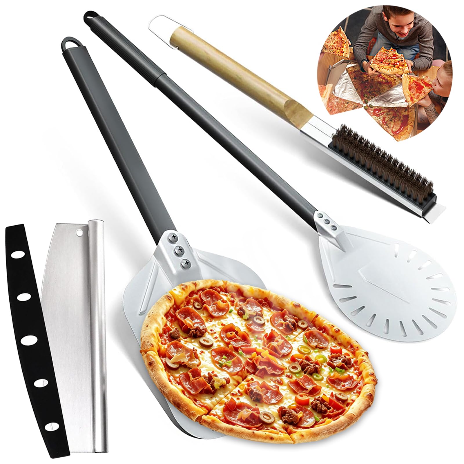 Lot de 4 accessoires de four à pizza perforés de 30,5 cm, pelle à pizza de 22,9 cm avec long manche antidérapant, pelle à pizza avec roulette à pizza et brosse de four, pour pain, tarte
