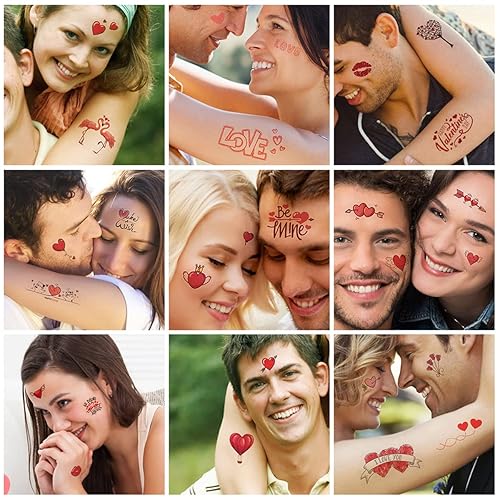 Miniatura 3 de Dzrige 20 hojas de calcomanías de tatuaje de corazón para el día de San Valentín, calcomanías románticas de tatuajes para parejas, corazones rojos,