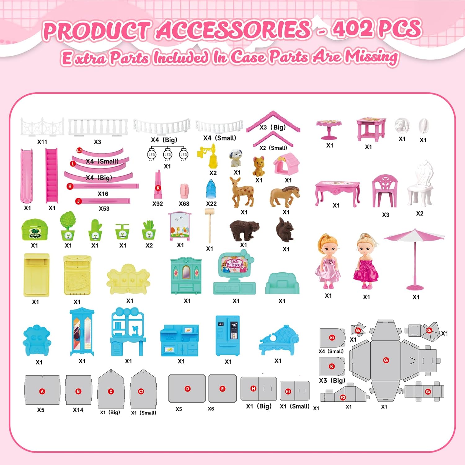 Doll House for Girls, Dream Dollhouse 4-Story 15 Rooms with 2 Dolls, Lights, Animals, Furniture and Accessories, Pretend-Play Toddler Playhouse Gift for 3 4 5 6 7 8 9 10+ Year Old Girls Toys
