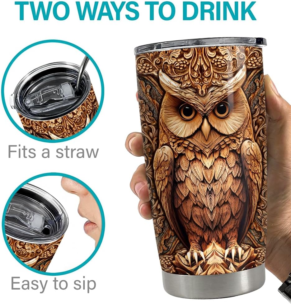 SANDJEST Owl Tumbler 20oz Stainless Steel Insulated Tumblers Coffee Travel Mug Cup Wood Drawing Style Owls Gifts for Women Men Gift for Birthday Christmas - Image 7