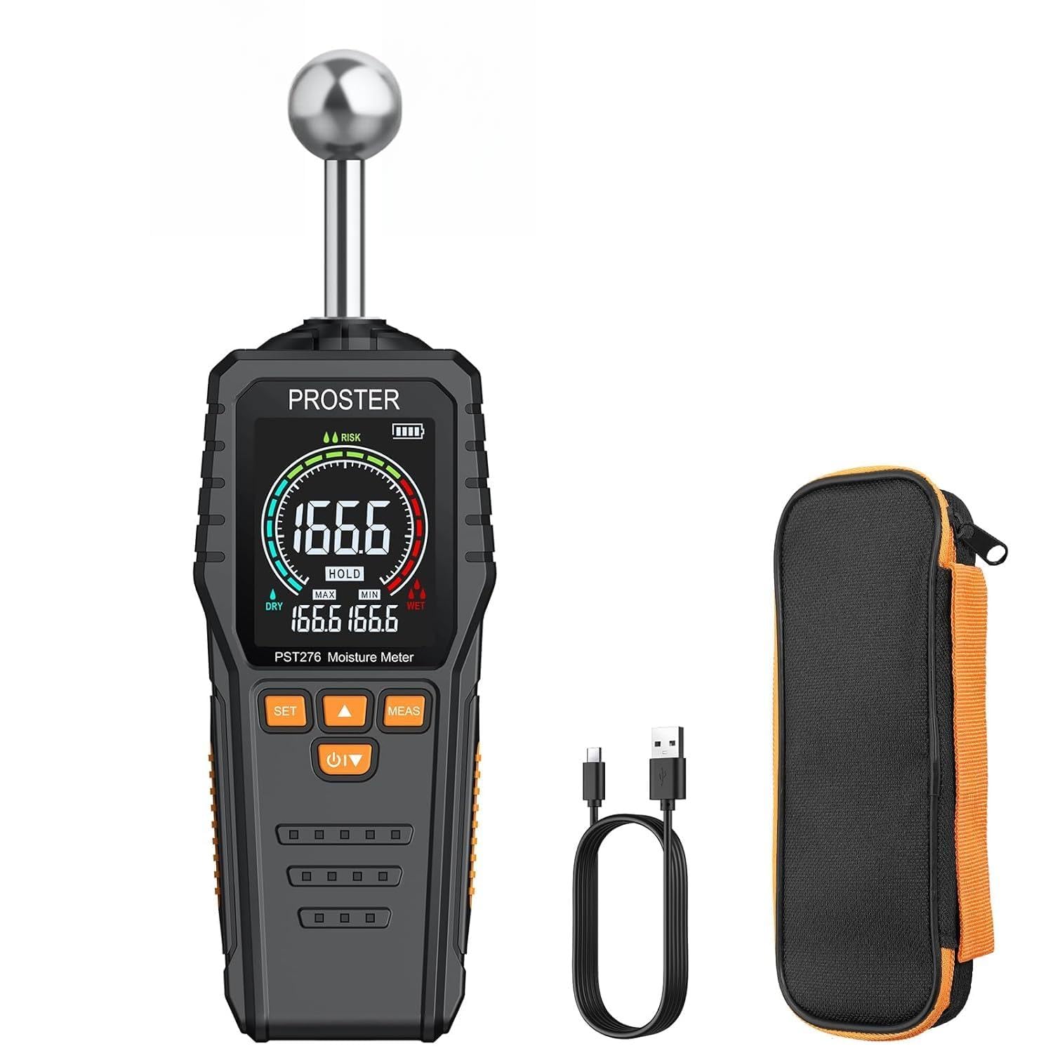 Proster Feuchtigkeitsmessgerät Wand Kugelform Sphärisches wiederaufladbares Feuchtemessgerät Mauerwerk mit LCD Bildschirm für Wände Mauerwerk 0-40mm Analysetiefe (Schwarz Orange)