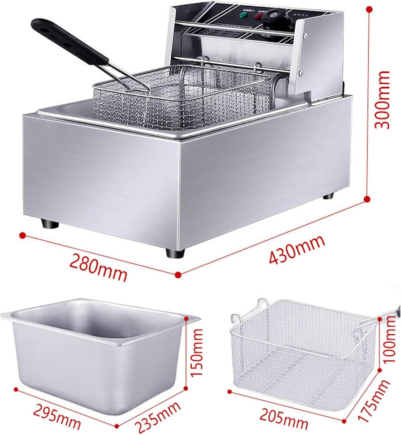 Stainless Steel Electric Fryer, 6L Large Single Cylinder Deep Fryer, with Removable Basket, 50°C~200°C Temperature Adjustment, for Home Kitchen Restaurant