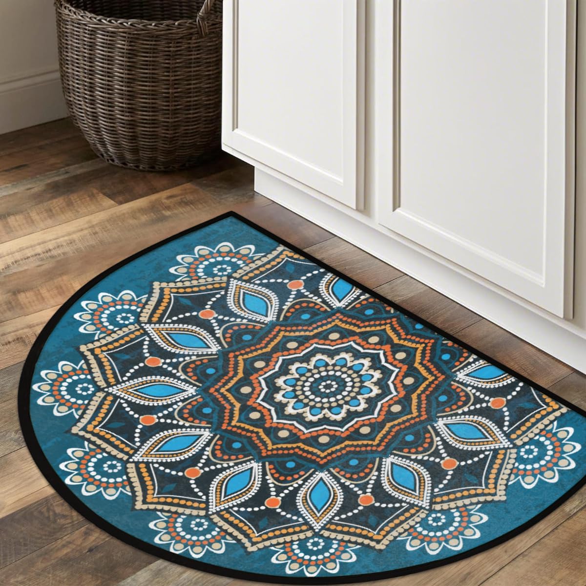 Half Round Door Mat - Indoor Outdoor Bohemian Mandala Half Circle Rug for Entryway, Bathroom, Kitchen, Living Room - Washable Non-Slip Half Moon Mat with Boho Floral Vintage Design - Small Floor Mat