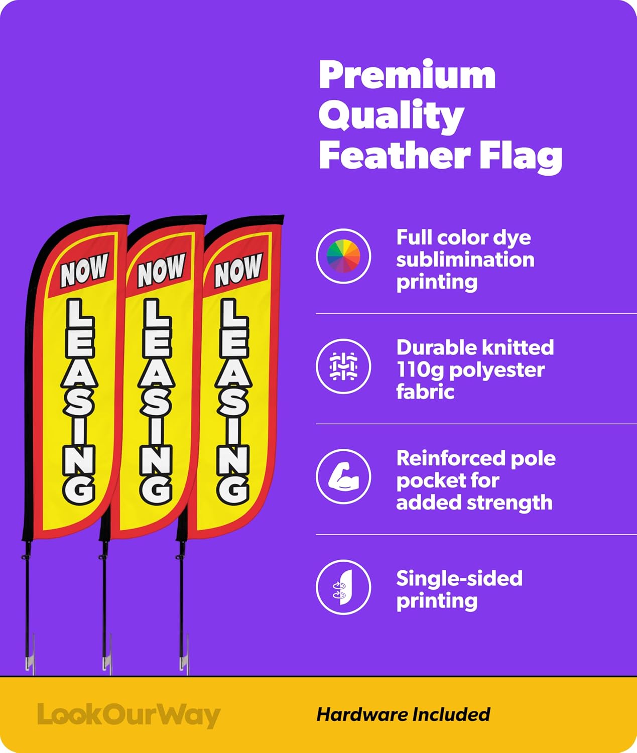 LookOurWay Real Estate Themed Feather Flag Pole Kit 3 Pack - 5 Feet Tall Now Leasing Advertising Flags with 3 Banners, 3 Pole Sets, and 3 Ground Spikes (Now Leasing Yellow 10M500007)