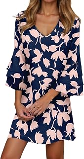 Flowy Boho Dresses for Women 3/4 Bell Sleeve Short Tunic Dress Loose Fit Floral Knee Length Boutique Dress