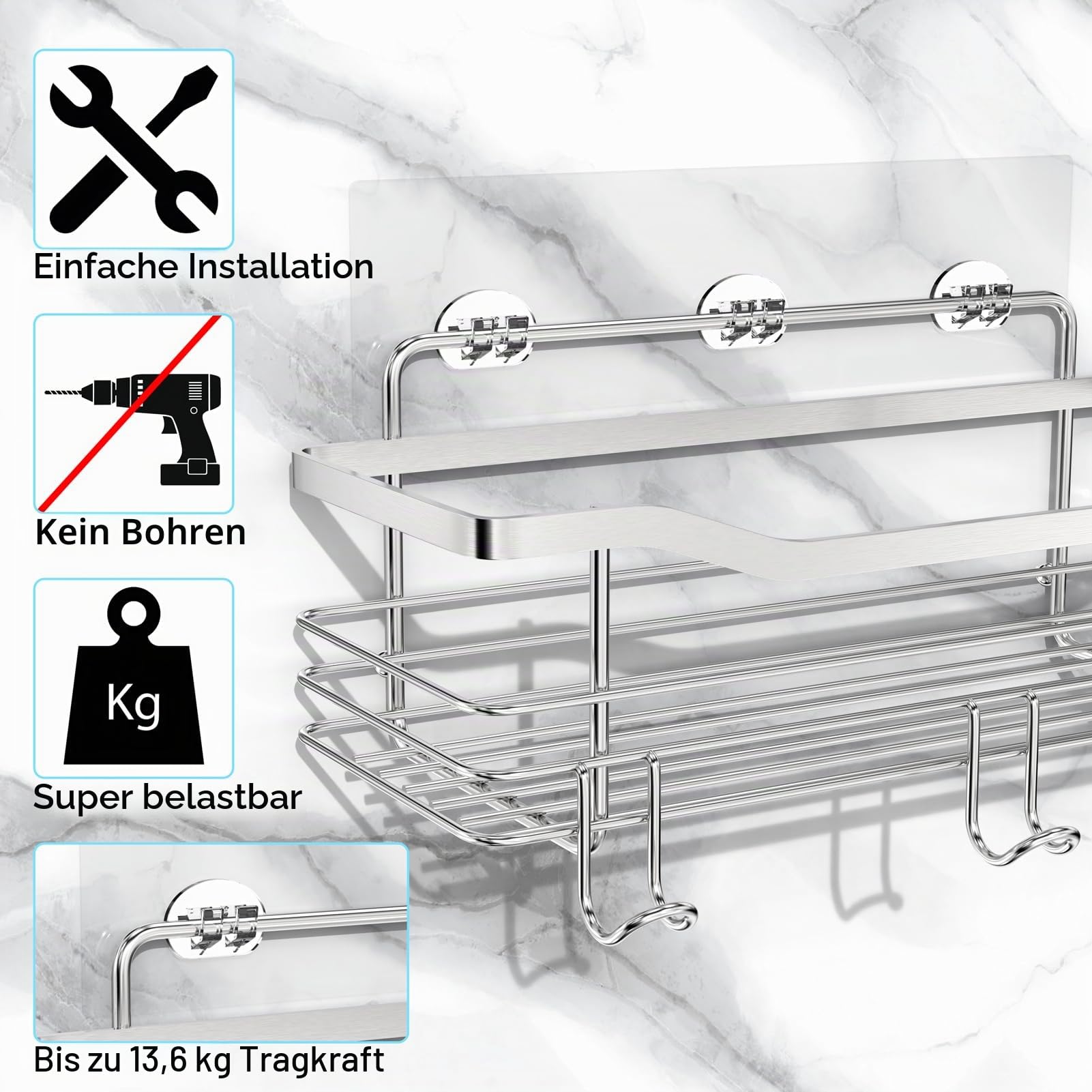 Duschablage ohne Bohren, Duschkorb Selbstklebend Duschregal Edelstahl Badregal Shampoo Halterung, für Bad Küche Toilette mit 5 Haken (2 Stück Silber)