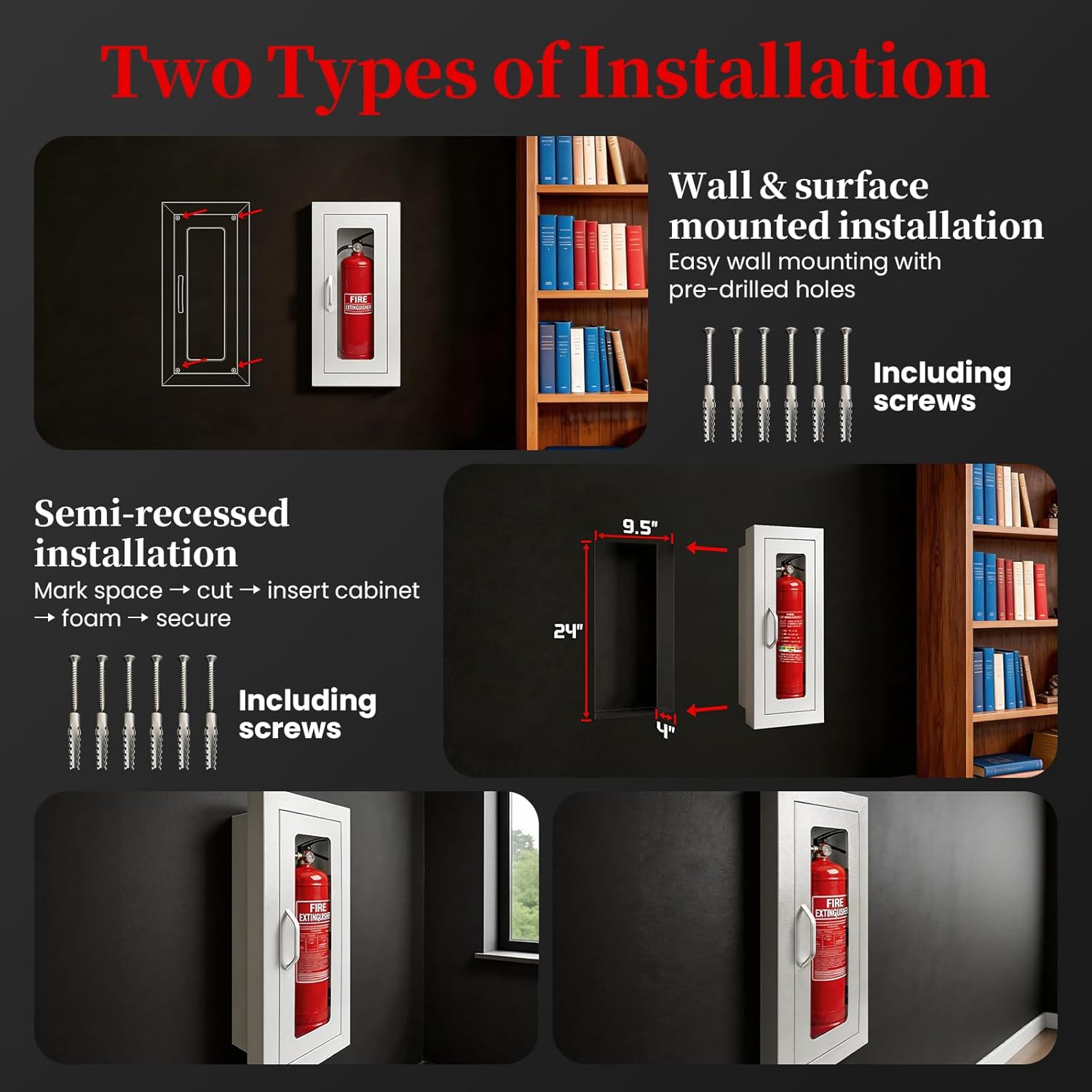 Semi Recessed Fire Extinguisher Cabinet|St12 Steel Fire Extinguishers Box with Magnetic Door|White Fire Extinguisher Mount with Acrylic Window for 5-10 lb Extinguishers(Extinguisher Not Included)