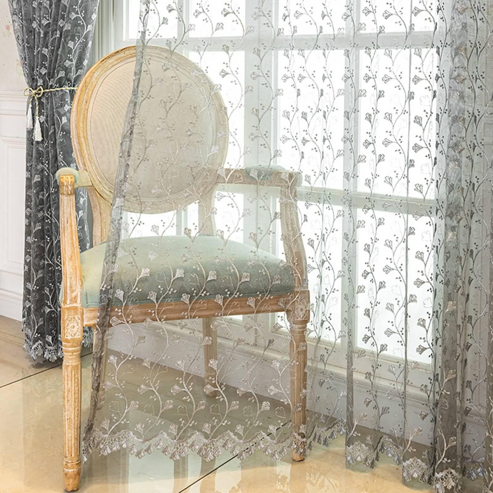 Graue Vorhänge, Küchenvorhang Fenster Modern mit Blumenranken Bestickt Polyester Gardinen Dekorativ für Home 2er Set 107x138cm BxH