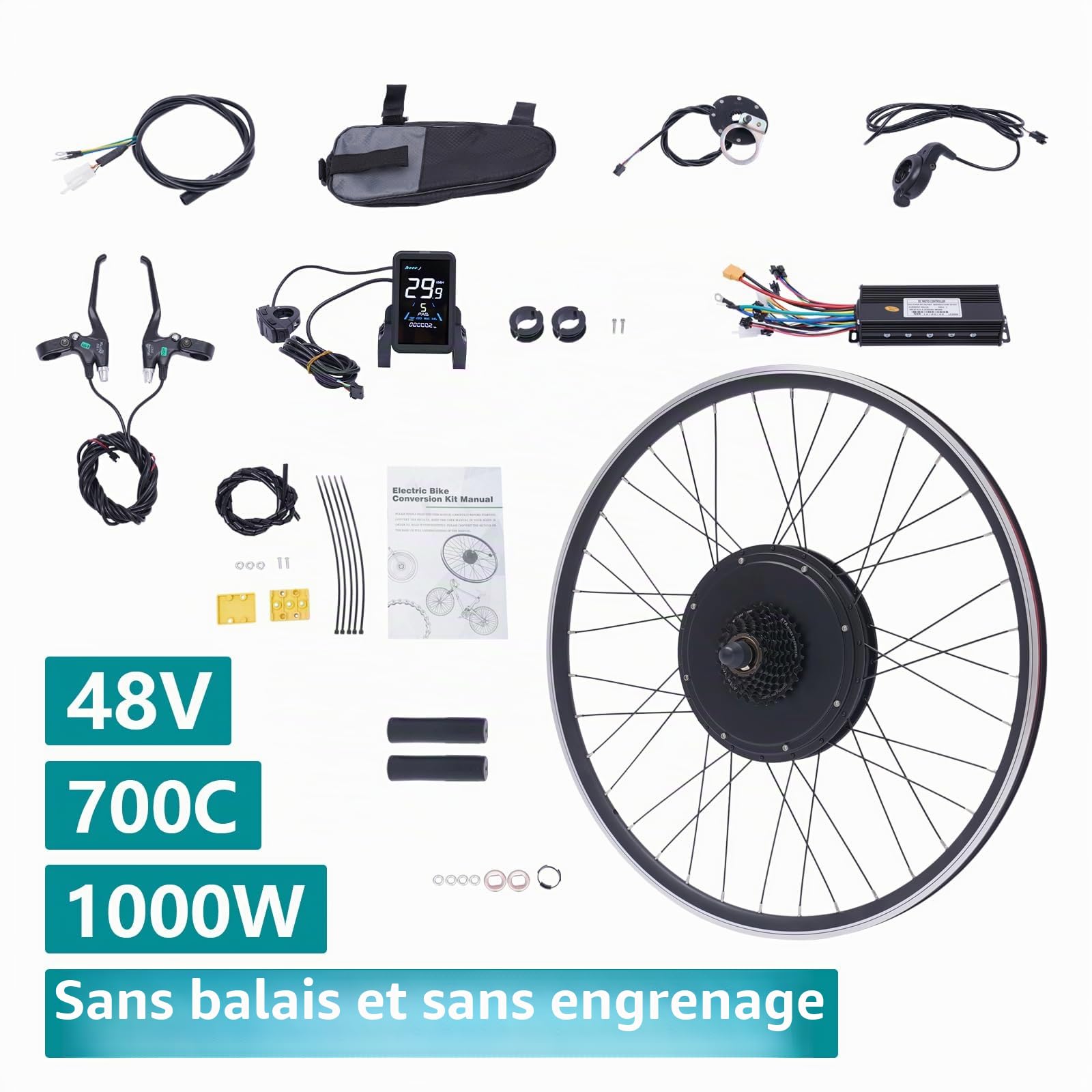 Kit de conversion de vélo électrique 28/29", roue arrière/avant 48 V 1000 W, kit de conversion de vélo électrique, kit de moteur de vélo sans balais avec écran LCD, contrôleur intégré, PAS