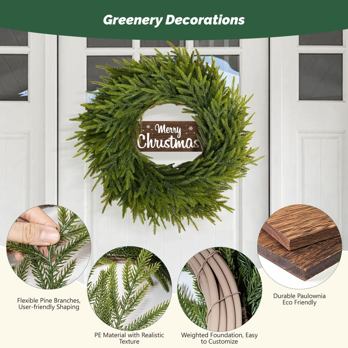 24 Inch Real Touch Winter Wreath for Front Door - Large Green Norfolk Pine Wreaths for Door Window Porch Wall Indoor Outdoor Decor, Artificial Holiday Plain Modern Farmhouse Wreath - Image 3