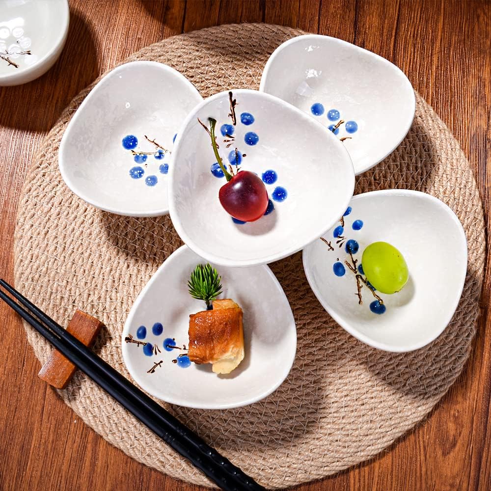 Ceramic Dipping Bowls Set of 5, 3.7 oz Japanese Style Mini Sauce Dishes, Hand-Painted Floral Patterned Prep Bowls for Soy Sauce, Sushi, Condiments, and Spices, Stackable Round Ramekins