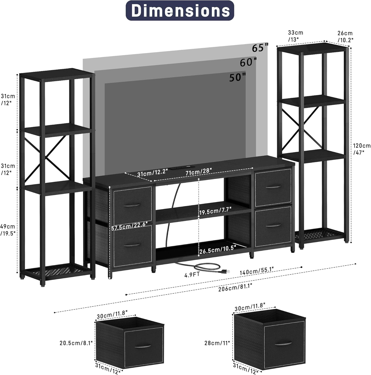 LED TV Stand 60 Inch for Living Room with Charging Station, Farmhouse Entertainment Center with 2 Industrial Bookshelves, Modern Console Cabinet with Storage Drawers (Black) - Image 2