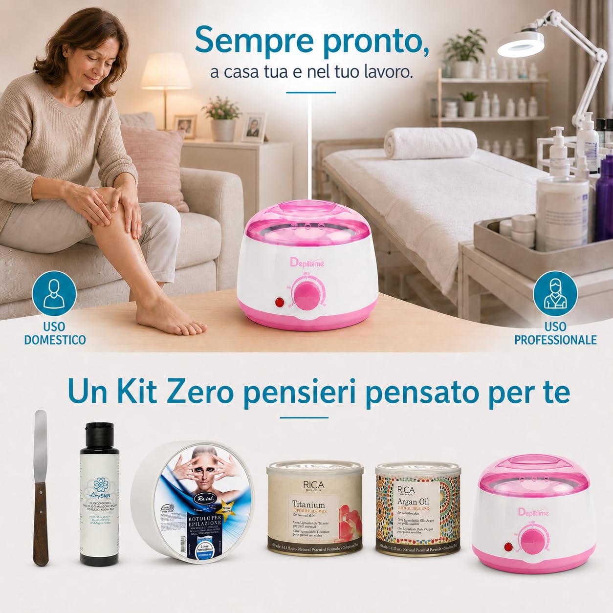 KIT DEPILACIÓN ANYSKIN> CALENTADOR DE CERA + 2 CERAS FLORERO LIPO + DESPUÉS DE LA CERA ANYSKIN + ROLLO DE DEPILACIÓN + ESPATULA DE CERA