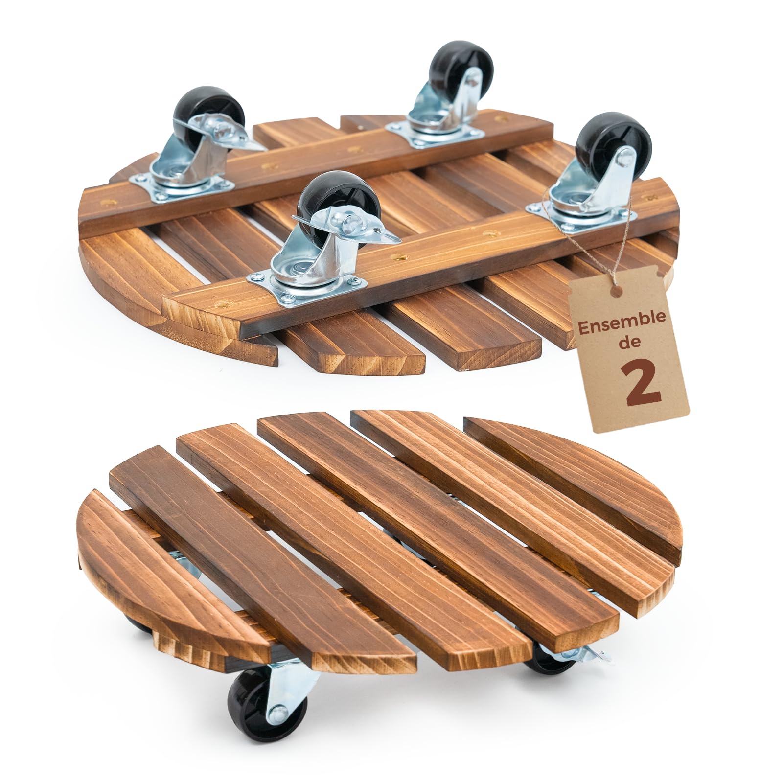 Bamworld Porte Plante à Roulettes, Lot de 2 Plateaux Roulants 30,5 cm, Capacité 100 KG, Marron Foncé
