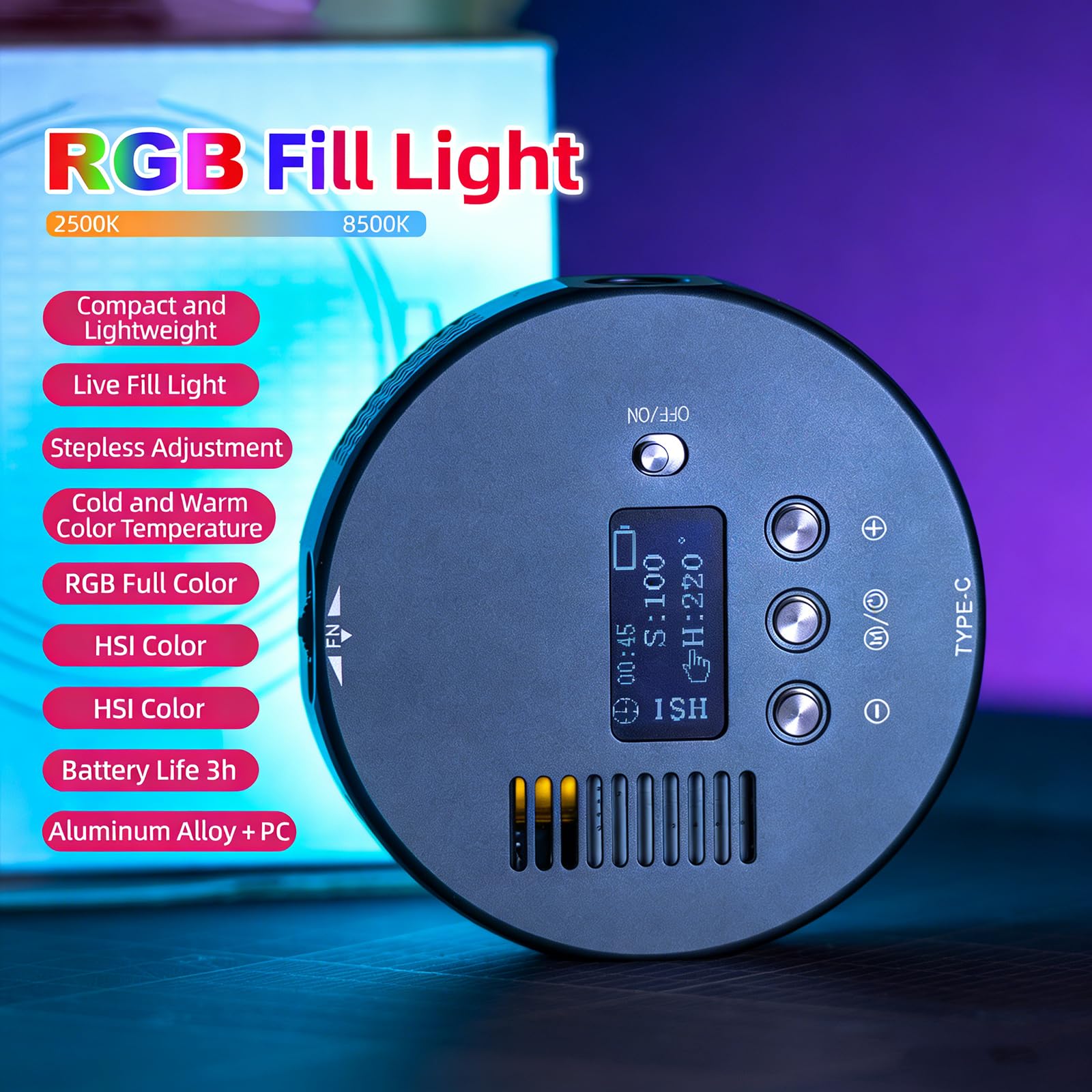 Luce LED Live Streaming, pannello RGB con colori HSI e doppia modalità CCT, 2500K-8500K, luminosità 0-100%, alimentazione USB per registrazione video e produzione di film