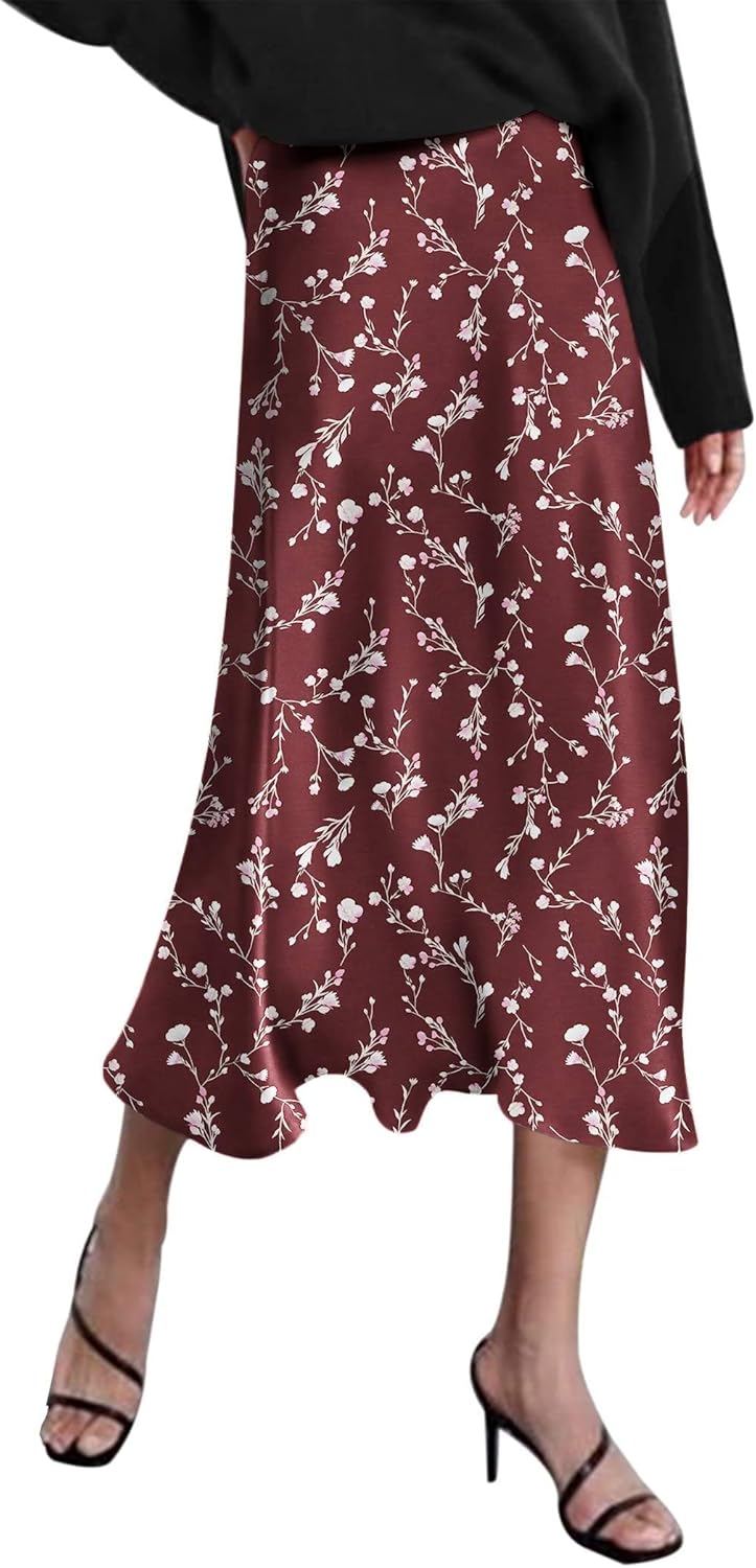 HOTOUCH Womens Midi Skirt High Waisted Solid Satin Dress Zipper Elegant Work Skirts