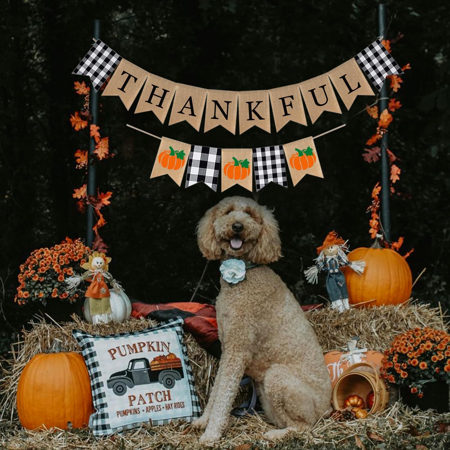 Thankful Buffalo Check Plaid Burlap Banner, 2 Pcs Thanksgiving Decorations Bunting Garland Black and White Autumn Pumpkin Harvest Friendsgiving Party Favor for Mental Fireplace Office Classroom