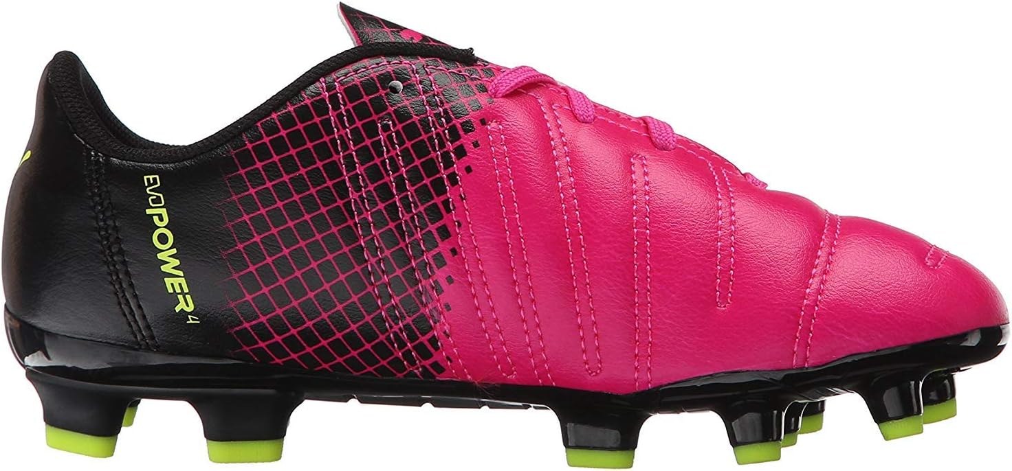 Puma Unisex-Child Evopower 4.3 Firm Ground Soccer Shoe, Pink Glo/Safety Yellow, 4 B US Big Kid