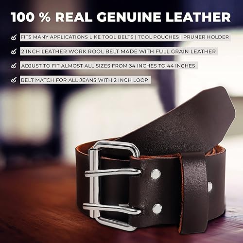 Miniatura 4 de Genuine Leather Tool Pouch Bag with 2'' Work Belt Included for Handyman, Construction, Carpenter, Farmers with 10 Pockets 2 Hammer Holders