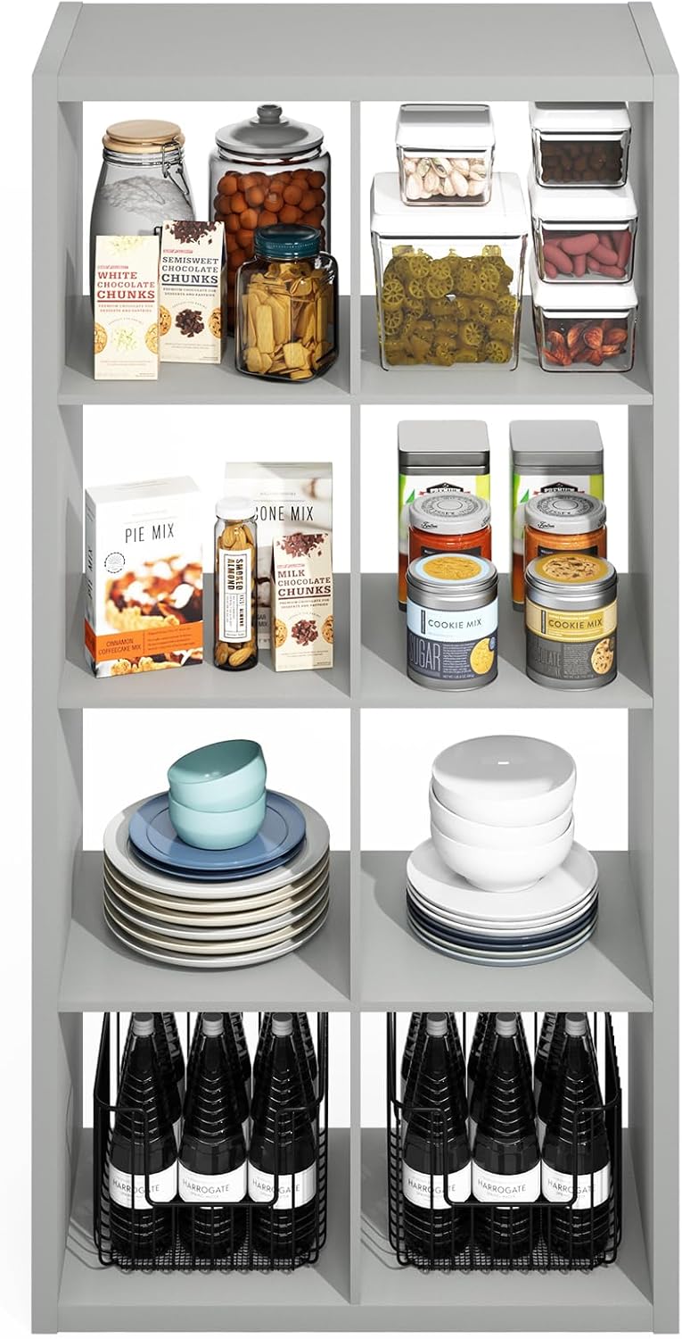 Furinno HERMITE Kitchen Island, 8-Cube Coffee Bar, Kitchen Storage, Bakers Rack, for Pantry Organizers and Storage, Kitchen Organization, Pale Grey