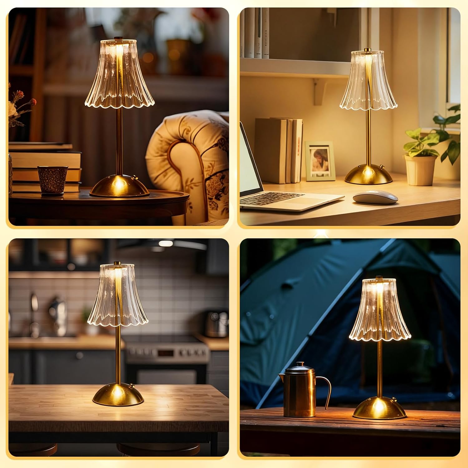 8 Pcs Cordless Table Lamp Gold Cordless Battery Operated Touch Table Lamps Rechargeable 3 Color Dimmable LED Portable Flower Lamp for Bedroom Living Room Kitchen Dining Outdoor