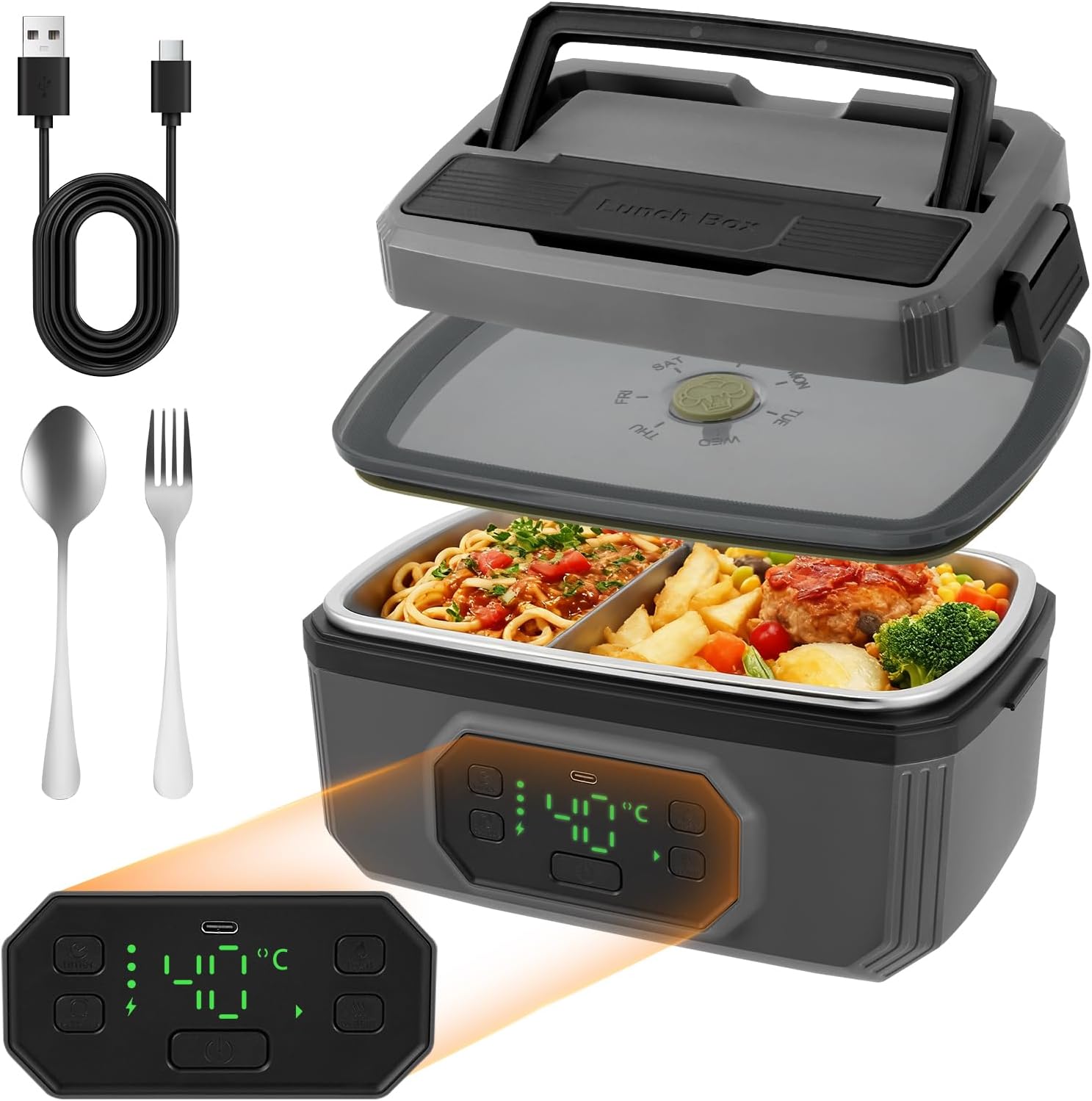 Cordless Electric Lunch Box for Adults, 21000mAh Rechargeable Self Heating Lunch Box 1.2L Portable Food Warmer with Scheduled Heating & Adjustable Heating for Office Car Travel Camping Outdoor