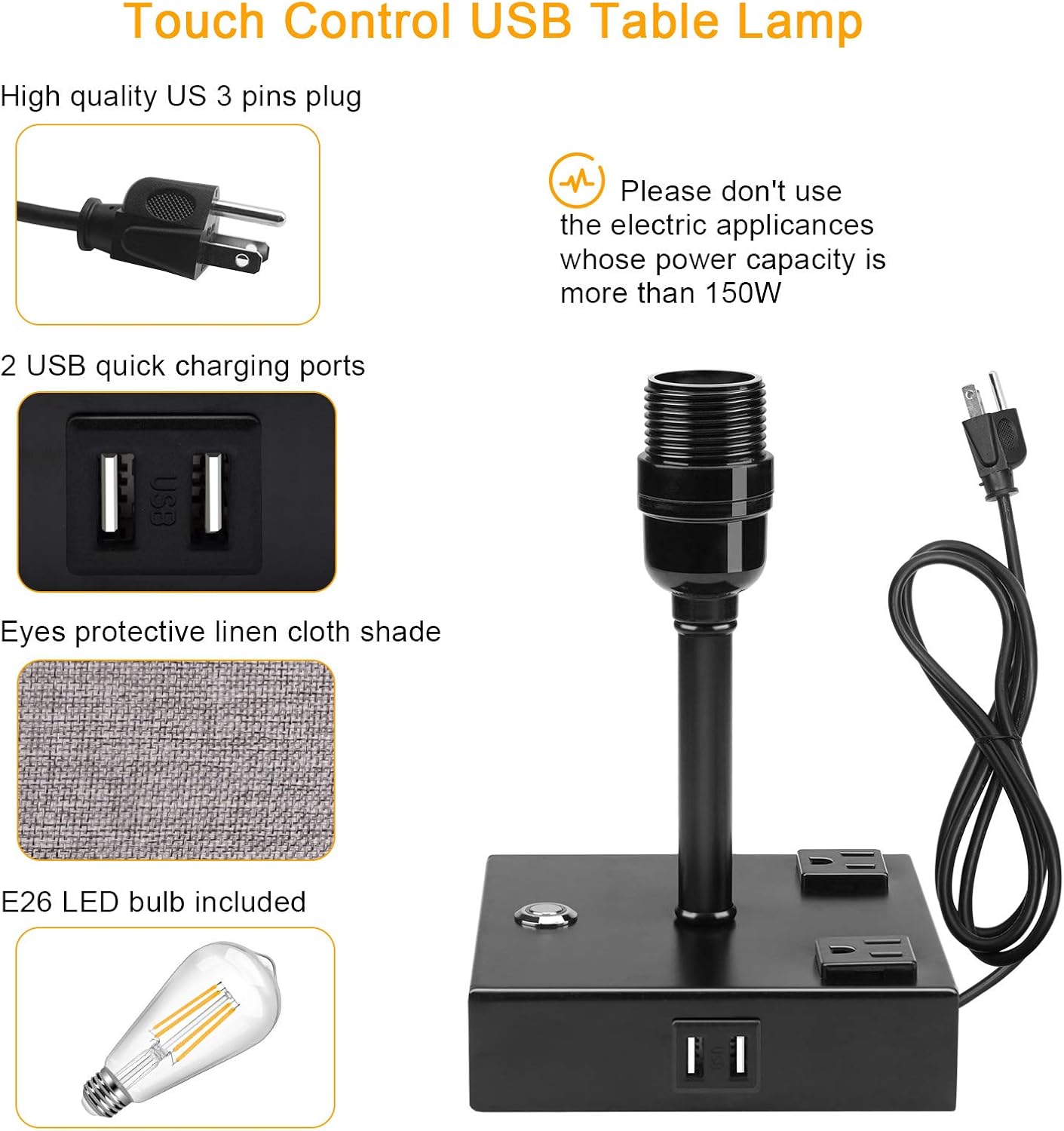 Bedside Lamp, 3 Way Dimmable Touch Control Table Lamp with 2 USB Charging Ports 2 AC Outlets, Nightstand Lamp with Flaxen Fabric Shade Bedroom Lamp for Bedroom Living Room, Reading, Office, Set of 2