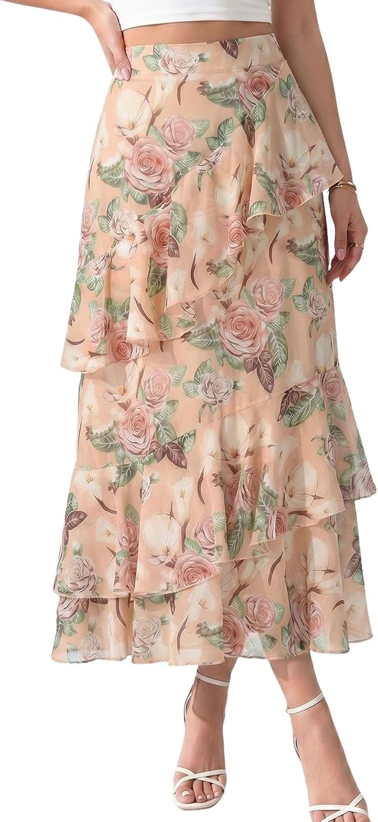 DERAX Falda midi floral boho para mujer faldas largas con volantes escalonados