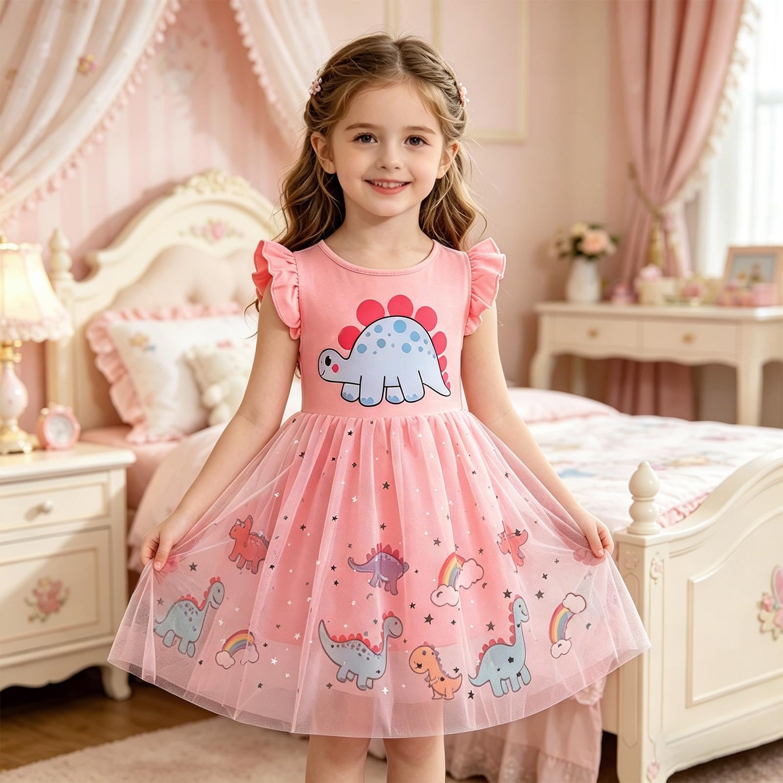 Kleider für Kleines Mädchen Kurzarm Kleid Cartoon-Stil Regenbogen Ozean Prinzessinnenkleid Dino Giraffe Osterhase Meerjungfrau Kinder Prinzessin Kostüm Tägliche Sommer Rock Ferienkleider