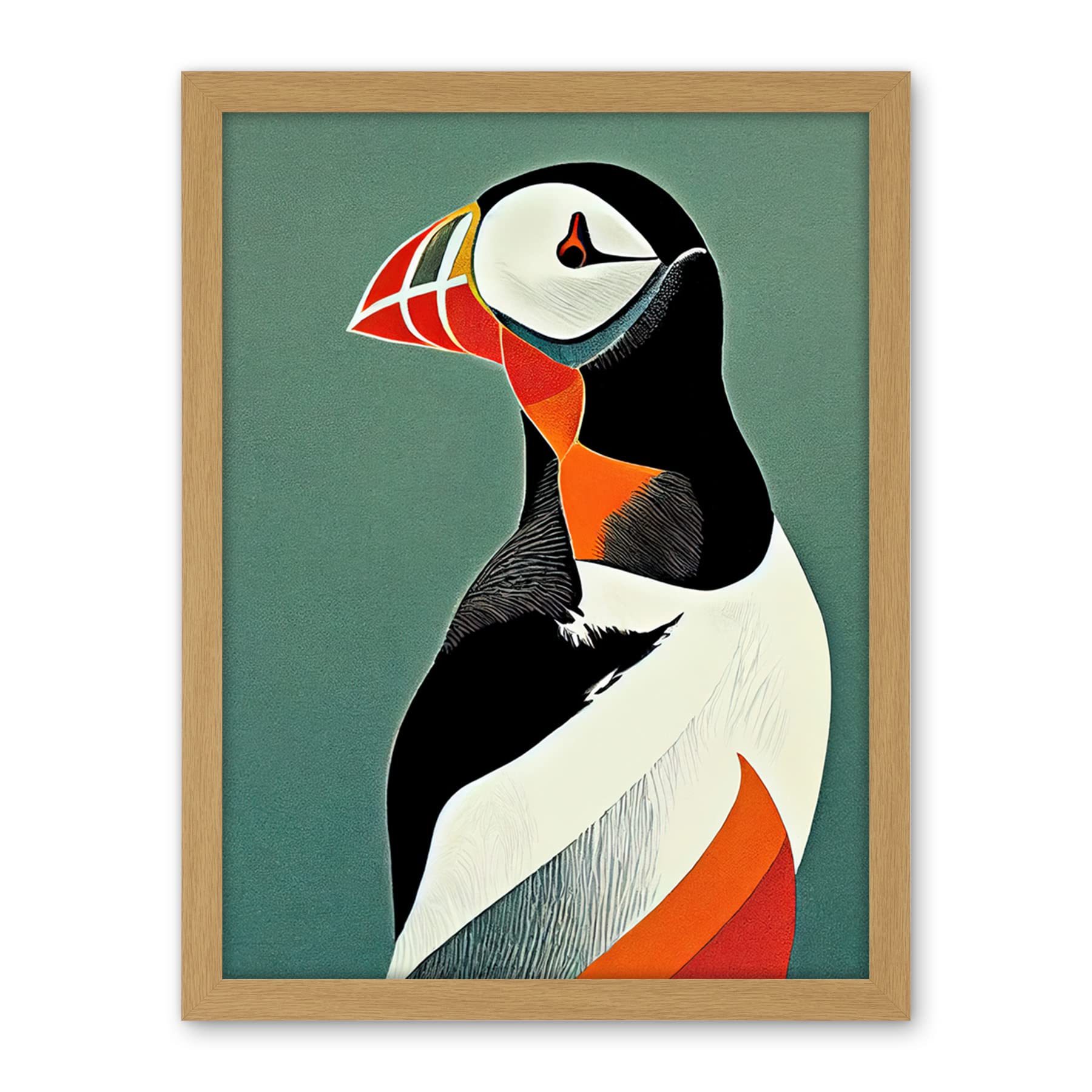 Wee Blue Coo Bright Bold Colourful Atlantic Puffin Bird Portrait Artwork Framed Wall Art Print 18X24 Inch